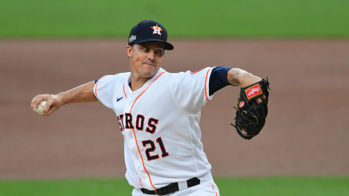 Oct 14, 2020; San Diego, California, USA; Houston Astros starting pitcher Zack Greinke (21) pitches in the first inning against the Tampa Bay Rays during game four of the 2020 ALCS at Petco Park. Mandatory Credit: Jayne Kamin-Oncea-USA TODAY Sports