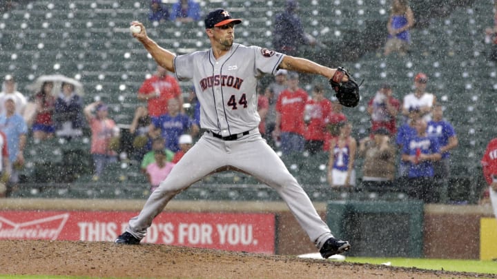 Jun 4, 2017; Arlington, TX, USA; Houston Astros relief pitcher Luke Gregerson (44) throws a pitch in the rain in the ninth inning against the Texas Rangers at Globe Life Park in Arlington. Mandatory Credit: Tim Heitman-USA TODAY Sports