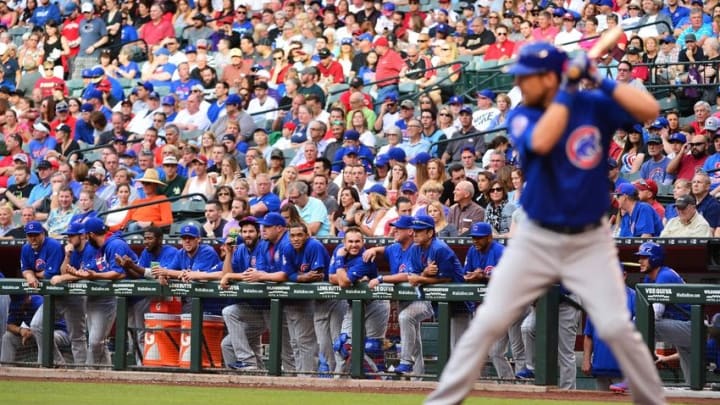 Apr 9, 2016; Phoenix, AZ, USA; Chicago Cubs players watch from the bench as Cubs infielder Ben Zobrist (18) stands at bat in the first inning against the Arizona Diamondbacks at Chase Field. Mandatory Credit: Jennifer Stewart-USA TODAY Sports
