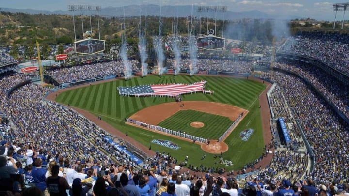 Apr 6, 2015; Los Angeles, CA, USA; General view of a United States flag on the field during the playing of the national anthem before the 2015 MLB opening day game between the San Diego Padres and the Los Angeles Dodgers at Dodger Stadium. Mandatory Credit: Kirby Lee-USA TODAY Sports
