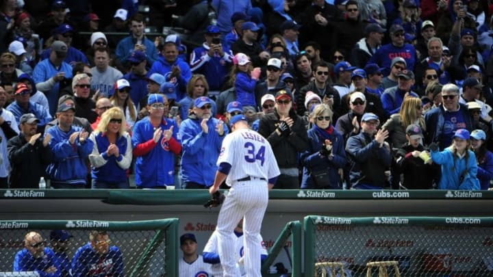 May 15, 2016; Chicago, IL, USA; Chicago Cubs starting pitcher Jon Lester (34) gets a standing ovation as he leaves the game against the Pittsburgh Pirates during the seventh inning at Wrigley Field. Mandatory Credit: David Banks-USA TODAY Sports