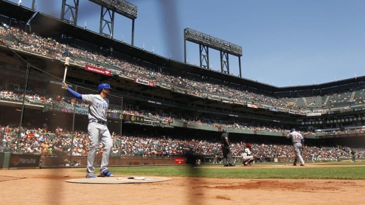 Aug 27, 2015; San Francisco, CA, USA; Chicago Cubs infielder Kris Bryant (17) warms up in the on deck circle against the San Francisco Giants at AT&T Park. Mandatory Credit: Cary Edmondson-USA TODAY Sports