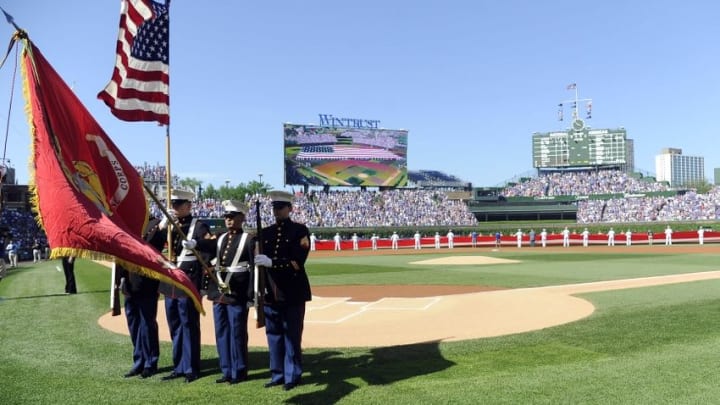 May 30, 2016; Chicago, IL, USA; Members of the Marine Corps show the colors during the national anthem prior to the game between the Chicago Cubs and the Los Angeles Dodgers at Wrigley Field. Mandatory Credit: David Banks-USA TODAY Sports