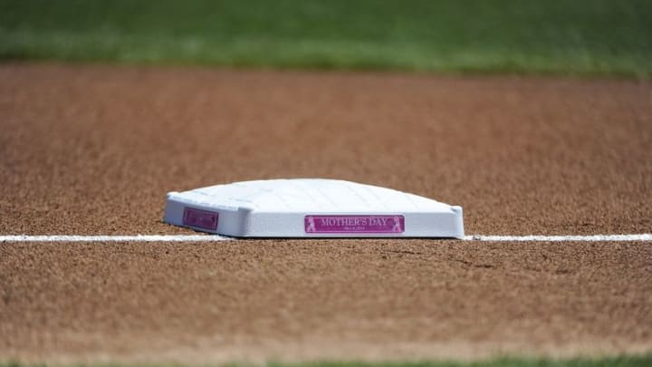 May 8, 2016; Chicago, IL, USA; A detailed view of the special Mothers Day base prior to the game between the Chicago Cubs and the Washington Nationals at Wrigley Field. Mandatory Credit: David Banks-USA TODAY Sports