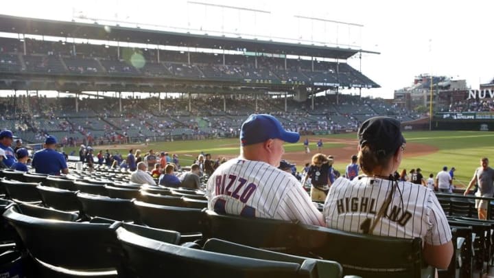 Jul 28, 2016; Chicago, IL, USA; Chicago Cubs and Chicago White Sox fans sit together before the game at Wrigley Field. Mandatory Credit: Caylor Arnold-USA TODAY Sports