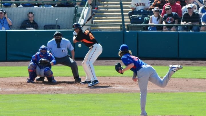 Mar 5, 2015; Scottsdale, AZ, USA; Chicago Cubs relief pitcher Pierce Johnson (80) throws to San Francisco Giants center fielder Justin Maxwell (43) during the fourth inning during a spring training baseball game at Scottsdale Stadium. Mandatory Credit: Matt Kartozian-USA TODAY Sports