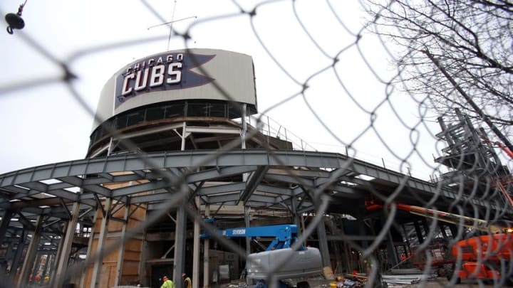 Mar 25, 2015; Chicago, IL, USA; A general view as construction and renovation work continues at Wrigley Field in advance of the MLB baseball season opener. Mandatory Credit: Jerry Lai-USA TODAY Sports