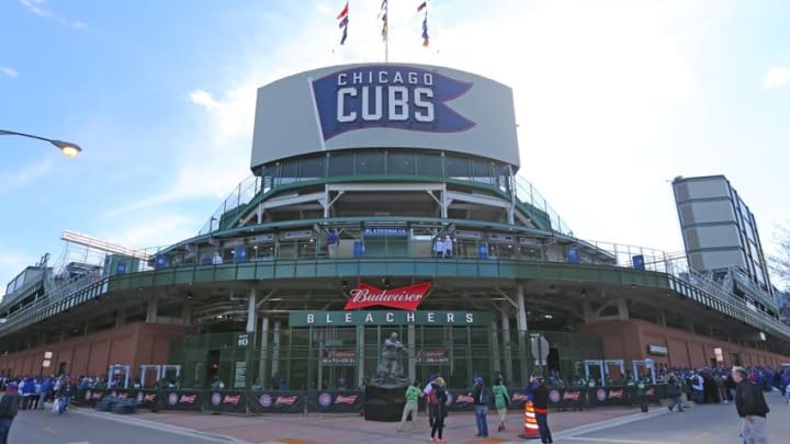 Apr 11, 2016; Chicago, IL, USA; A general shot of the exterior of Wrigley Field before a game between the Chicago Cubs and the Cincinnati Reds. Mandatory Credit: Dennis Wierzbicki-USA TODAY Sports