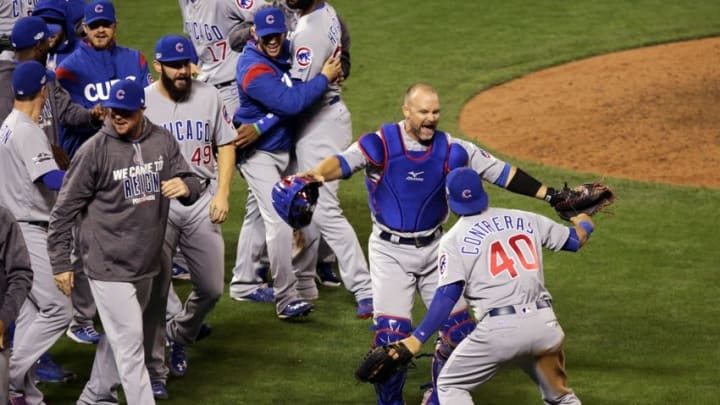 Oct 11, 2016; San Francisco, CA, USA; The Chicago Cubs celebrate after defeating the San Francisco Giants during game four of the 2016 NLDS playoff baseball game at AT&T Park. Mandatory Credit: Kelley L Cox-USA TODAY Sports