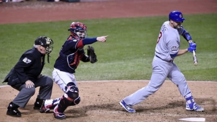 Oct 25, 2016; Cleveland, OH, USA; Chicago Cubs catcher David Ross (3) reacts after striking out against the Cleveland Indians in the 7th inning in game one of the 2016 World Series at Progressive Field. Mandatory Credit: David Richard-USA TODAY Sports