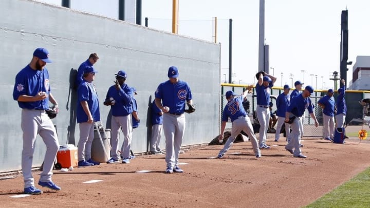 Feb 22, 2016; Mesa, AZ, USA; Chicago Cubs pitchers work out in the bullpen during spring training camp at Sloan Park. Mandatory Credit: Rick Scuteri-USA TODAY Sports