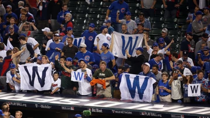 Nov 1, 2016; Cleveland, OH, USA; Chicago Cubs fans wave W flags after game six of the 2016 World Series against the Cleveland Indians at Progressive Field. Mandatory Credit: Charles LeClaire-USA TODAY Sports