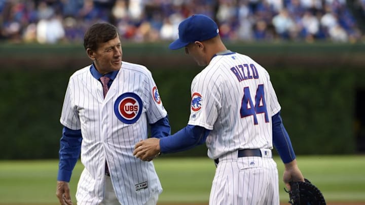 Jun 1, 2016; Chicago, IL, USA; Broadcaster Craig Sager is given the ball by Chicago Cubs first baseman Anthony Rizzo (44) after throwing out the ceremonial first pitch before the game between the Chicago Cubs and the Los Angeles Dodgers at Wrigley Field. Mandatory Credit: David Banks-USA TODAY Sports