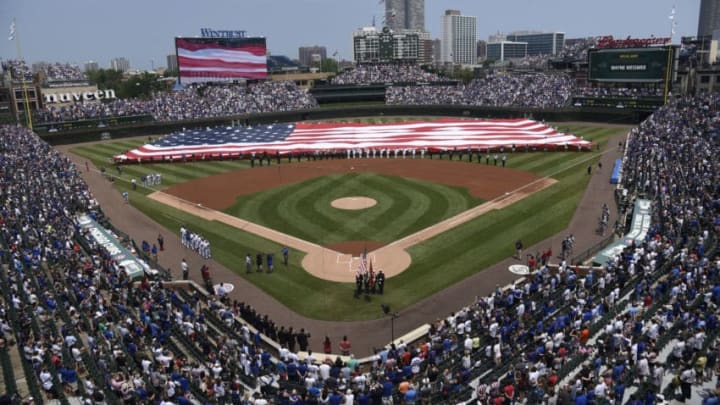 CHICAGO, IL - JULY 04: A general view of the field during the national anthem in Independence Day celebrations before the game between the Chicago Cubs and the Tampa Bay Rays on July 4, 2017 at Wrigley Field in Chicago, Illinois. (Photo by David Banks/Getty Images) CHICAGO, IL - JULY 04: A general view of the field during the national anthem in Independence Day celebrations before the game between the Chicago Cubs and the Tampa Bay Rays on July 4, 2017 at Wrigley Field in Chicago, Illinois. (Photo by David Banks/Getty Images)