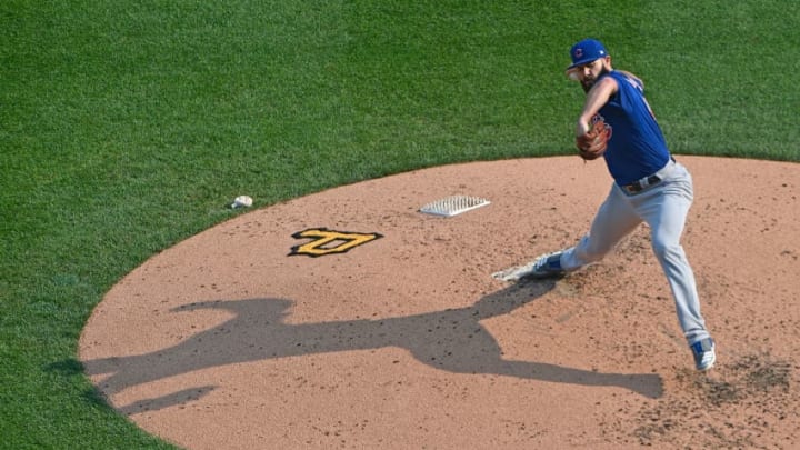 PITTSBURGH, PA - SEPTEMBER 04: Jake Arrieta #49 of the Chicago Cubs delivers a pitch in the third inning during the game against the Pittsburgh Pirates at PNC Park on September 4, 2017 in Pittsburgh, Pennsylvania. (Photo by Justin Berl/Getty Images)