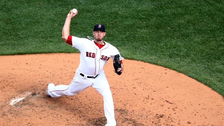 BOSTON, MA - SEPTEMBER 14: Addison Reed #43 of the Boston Red Sox pitches against the Oakland Athletics during the seventh inning at Fenway Park on September 14, 2017 in Boston, Massachusetts. (Photo by Maddie Meyer/Getty Images)