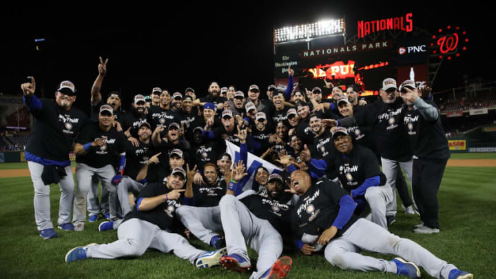 WASHINGTON, DC - OCTOBER 13: The Chicago Cubs celebrate during a team photo after the final out of Game 5 of the National League Divisional Series at Nationals Park on October 13, 2017 in Washington, DC. The Cubs won the game 9-8 and will advance to the National League Championship Series against the Los Angeles Dodgers. (Photo by Win McNamee/Getty Images)