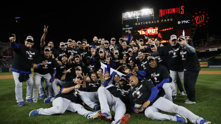 WASHINGTON, DC - OCTOBER 13: The Chicago Cubs celebrate during a team photo after the final out of Game 5 of the National League Divisional Series at Nationals Park on October 13, 2017 in Washington, DC. The Cubs won the game 9-8 and will advance to the National League Championship Series against the Los Angeles Dodgers. (Photo by Win McNamee/Getty Images) WASHINGTON, DC - OCTOBER 13: The Chicago Cubs celebrate during a team photo after the final out of Game 5 of the National League Divisional Series at Nationals Park on October 13, 2017 in Washington, DC. The Cubs won the game 9-8 and will advance to the National League Championship Series against the Los Angeles Dodgers. (Photo by Win McNamee/Getty Images)