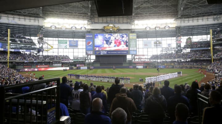 MILWAUKEE, WI - APRIL 06: General view as the Colorado Rockies and the Milwaukee Brewers stand for the playing of the National anthem before start of Opening Day at Miller Park on April 06, 2015 in Milwaukee, Wisconsin. (Photo by Mike McGinnis/Getty Images)