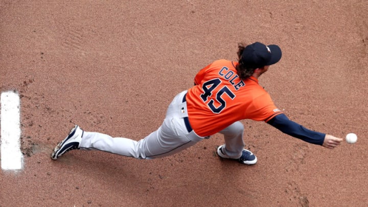 SEATTLE, WA - APRIL 14: Gerrit Cole #45 of the Houston Astros warms up prior to taking on the Seattle Mariners during their game at T-Mobile Park on April 14, 2019 in Seattle, Washington. (Photo by Abbie Parr/Getty Images)