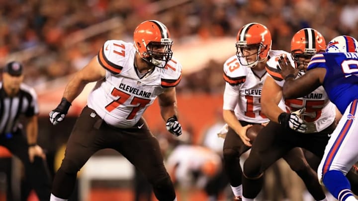 Aug 20, 2015; Cleveland, OH, USA; Cleveland Browns guard John Greco (77) during the game against the Buffalo Bills at FirstEnergy Stadium. Mandatory Credit: Andrew Weber-USA TODAY Sports