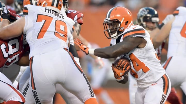 Aug 18, 2016; Cleveland, OH, USA; Cleveland Browns running back Isaiah Crowell (34) runs the ball during the first quarter against the Atlanta Falcons at FirstEnergy Stadium. Mandatory Credit: Ken Blaze-USA TODAY Sports