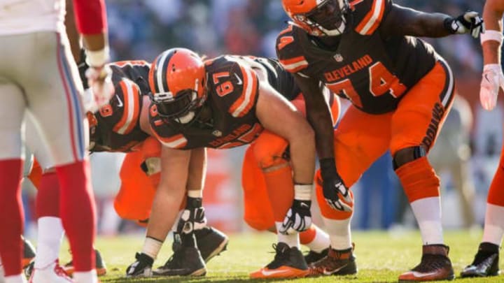 Nov 27, 2016; Cleveland, OH, USA; Cleveland Browns offensive tackle Austin Pasztor (67) and center Cameron Erving (74)during the second quarter between the Cleveland Browns and the New York Giants at FirstEnergy Stadium. The Giants won 27-13. Mandatory Credit: Scott R. Galvin-USA TODAY Sports