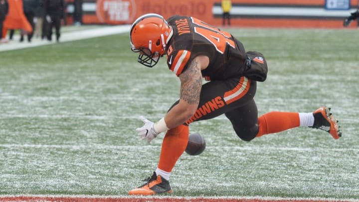 Dec 11, 2016; Cleveland, OH, USA; Cleveland Browns running back Danny Vitale (40) drops a sure touchdown during the second half against the Cincinnati Bengals at FirstEnergy Stadium. The Bengals won 23-10. Mandatory Credit: Ken Blaze-USA TODAY Sports