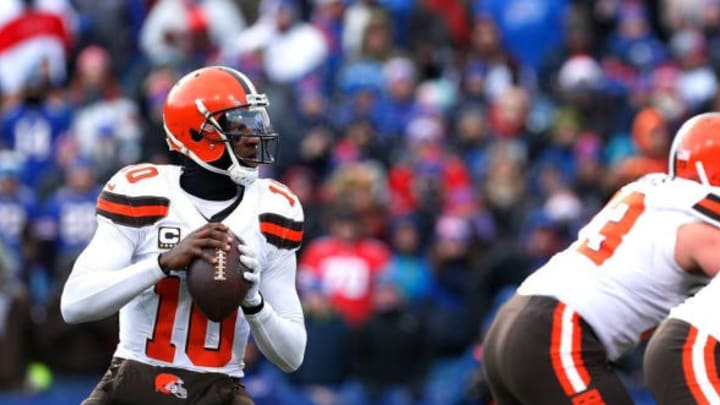 Dec 18, 2016; Orchard Park, NY, USA; Cleveland Browns quarterback Robert Griffin III (10) drops to pass during the first half against the Buffalo Bills at New Era Field. Mandatory Credit: Kevin Hoffman-USA TODAY Sports
