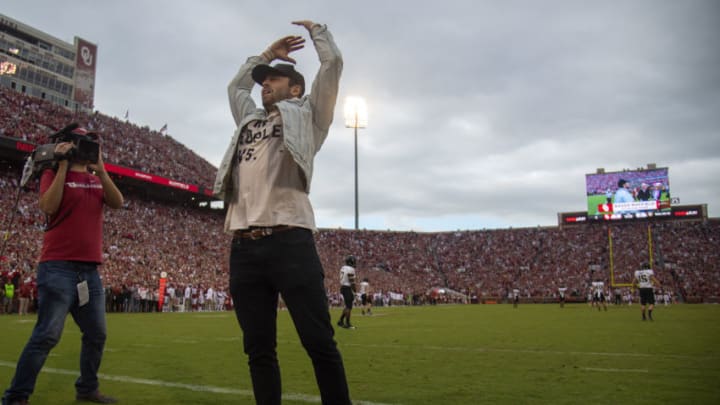NORMAN, OK - SEPTEMBER 22: Baker Mayfield, former quarterback and Heisman Trophy winner for the Oklahoma Sooners cheers on the Sooners against the Army West Point Black Knights at Gaylord Family-Oklahoma Memorial Stadium on September 22, 2018 in Norman, Oklahoma. (Photo by Jamie Schwaberow/Getty Images)