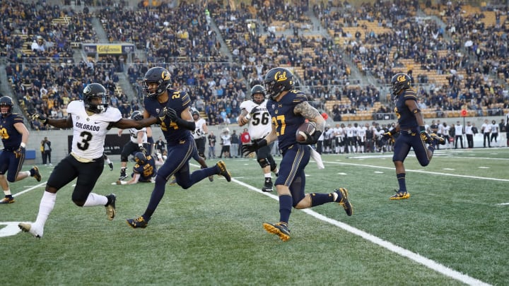 BERKELEY, CA – NOVEMBER 24: Ashtyn Davis #27 of the California Golden Bears returns an interception for a touchdown against the Colorado Buffaloes at California Memorial Stadium on November 24, 2018 in Berkeley, California. (Photo by Ezra Shaw/Getty Images)