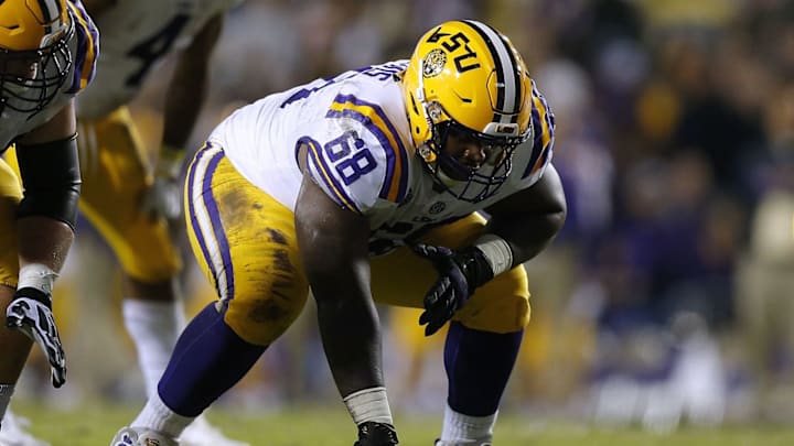 BATON ROUGE, LA – NOVEMBER 17: Damien Lewis #68 of the LSU Tigers guards during a game against the Rice Owls at Tiger Stadium on November 17, 2018 in Baton Rouge, Louisiana. (Photo by Jonathan Bachman/Getty Images)