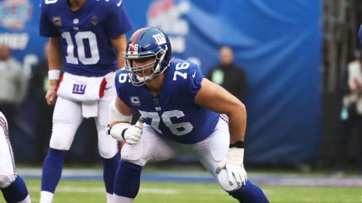 EAST RUTHERFORD, NEW JERSEY - DECEMBER 02: Nate Solder #76 of the New York Giants in action against the Chicago Bears during their game at MetLife Stadium on December 02, 2018 in East Rutherford, New Jersey. (Photo by Al Bello/Getty Images)