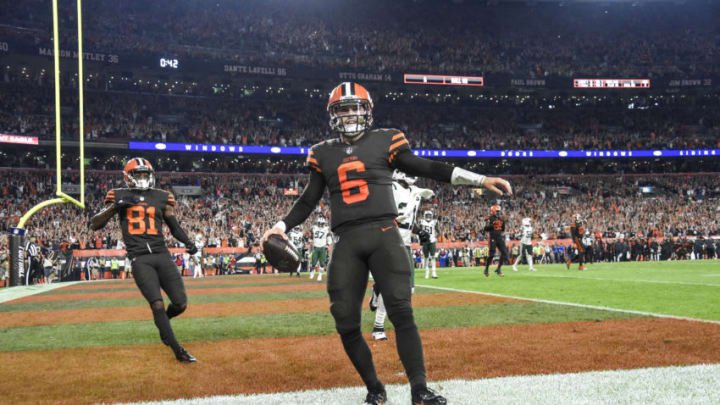 CLEVELAND, OH - SEPTEMBER 20: Baker Mayfield #6 of the Cleveland Browns reacts after he makes a catch on a two-point conversion attempt during the third quarter against the New York Jets at FirstEnergy Stadium on September 20, 2018 in Cleveland, Ohio. (Photo by Jason Miller/Getty Images) Baker Mayfield