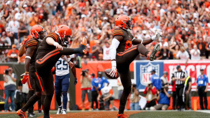 CLEVELAND, OH - SEPTEMBER 8: David Njoku #85 of the Cleveland Browns celebrates a touchdown with Baker Mayfield #6 during the third quarter of the game against the Tennessee Titans at FirstEnergy Stadium on September 8, 2019 in Cleveland, Ohio. Tennessee defeated Cleveland 43-13. (Photo by Kirk Irwin/Getty Images)