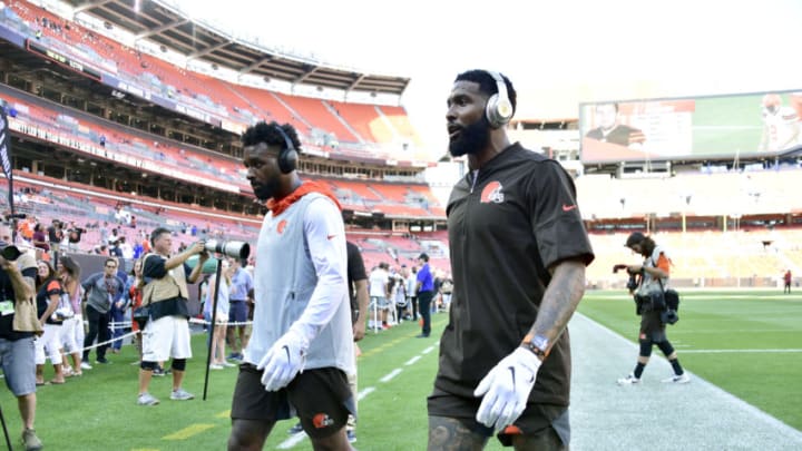 CLEVELAND, OHIO - AUGUST 08: Wide receivers Jarvis Landry #80 and Odell Beckham #13 of the Cleveland Browns walk off the field after warming up prior to a preseason game against the Washington Redskins at FirstEnergy Stadium on August 08, 2019 in Cleveland, Ohio. (Photo by Jason Miller/Getty Images)