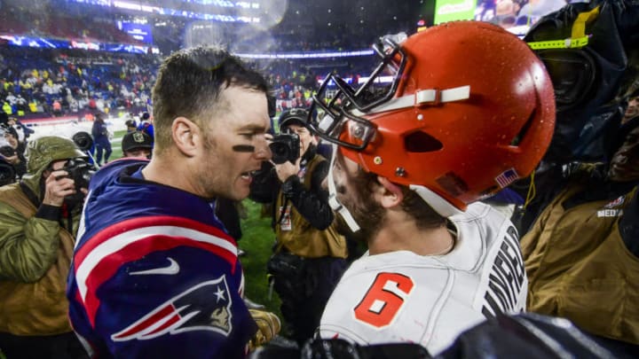 FOXBOROUGH, MA - OCTOBER 27: Tom Brady #12 of the New England Patriots talks with Baker Mayfield #6 of the Cleveland Browns after a game against the New England Patriots at Gillette Stadium on October 27, 2019 in Foxborough, Massachusetts. (Photo by Billie Weiss/Getty Images)