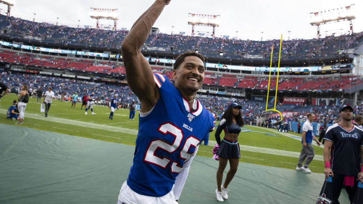 NASHVILLE, TN – OCTOBER 06: Kevin Johnson #29 of the Buffalo Bills celebrates after the game against the Tennessee Titans at Nissan Stadium on October 6, 2019 in Nashville, Tennessee. Buffalo defeats Tennessee 14-7. (Photo by Brett Carlsen/Getty Images)