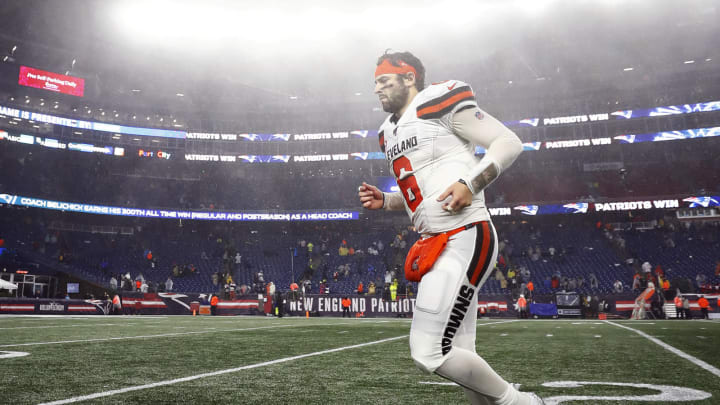 FOXBOROUGH, MASSACHUSETTS – OCTOBER 27: Baker Mayfield #6 of the Cleveland Browns leaves the field after the game against the New England Patriots at Gillette Stadium on October 27, 2019 in Foxborough, Massachusetts. (Photo by Omar Rawlings/Getty Images)