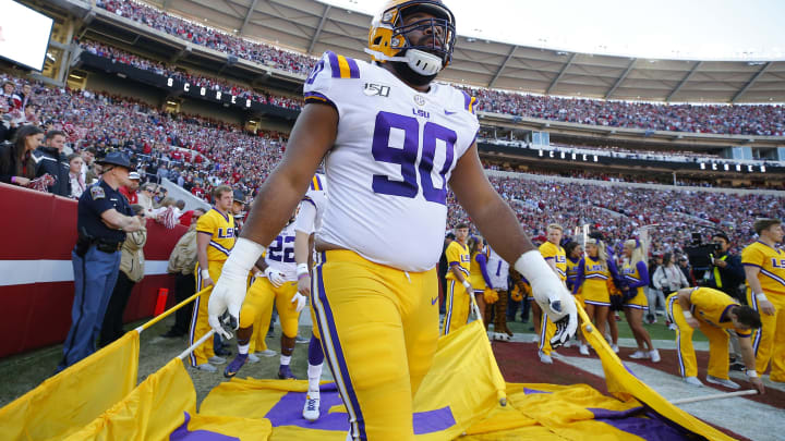 TUSCALOOSA, ALABAMA – NOVEMBER 09: Rashard Lawrence #90 of the LSU Tigers takes the field before the game against the Alabama Crimson Tide at Bryant-Denny Stadium on November 09, 2019 in Tuscaloosa, Alabama. (Photo by Todd Kirkland/Getty Images)