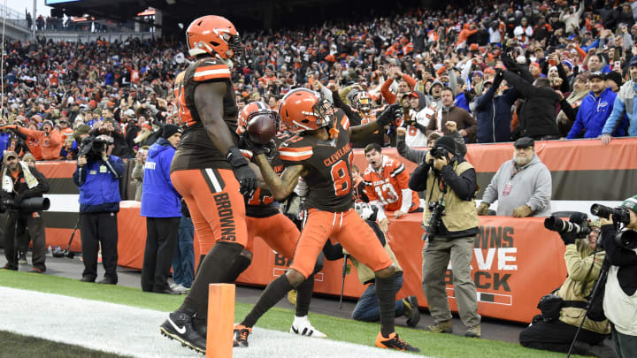 CLEVELAND, OHIO – NOVEMBER 10: Wide receiver Odell Beckham Jr. #13 and offensive tackle Chris Hubbard #74 celebrate with wide receiver Rashard Higgins #81 of the Cleveland Browns after Higgins caught a touchdown during the second half against the Buffalo Bills at FirstEnergy Stadium on November 10, 2019 in Cleveland, Ohio. The Browns defeated the Bills 19-16. (Photo by Jason Miller/Getty Images)