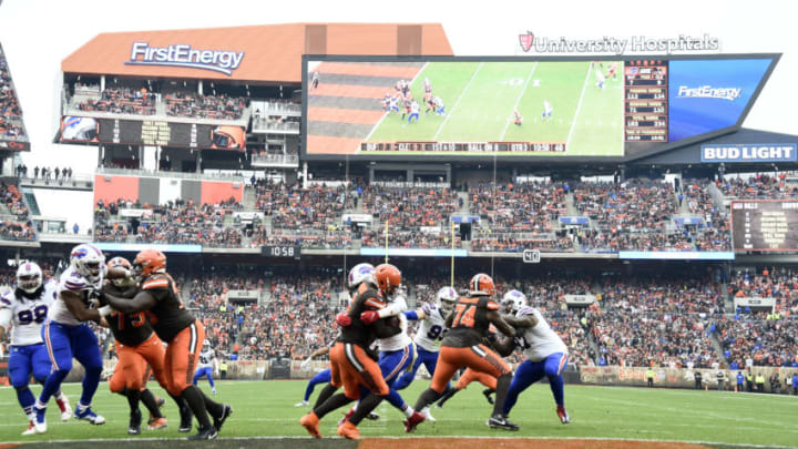 CLEVELAND, OHIO - NOVEMBER 10: Quarterback Baker Mayfield #6 of the Cleveland Browns is sacked for a safety by defensive back Jaquan Johnson #46 of the Buffalo Bills during the second half at FirstEnergy Stadium on November 10, 2019 in Cleveland, Ohio. The Browns defeated the Bills 19-16. (Photo by Jason Miller/Getty Images)