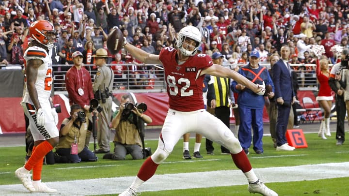 GLENDALE, ARIZONA – DECEMBER 15: Tight end Dan Arnold #82 of the Arizona Cardinals spikes the ball in celebration after scoring a touchdown against the Cleveland Browns during the first half of the NFL football game at State Farm Stadium on December 15, 2019 in Glendale, Arizona. (Photo by Ralph Freso/Getty Images)