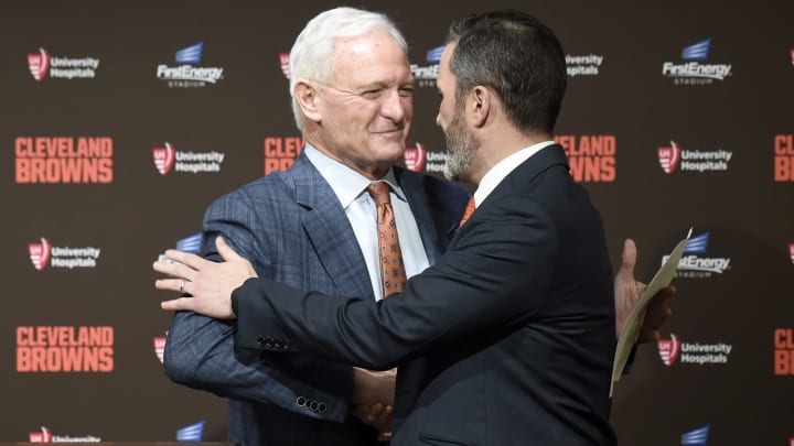 CLEVELAND, OHIO – JANUARY 14: Team owner Jimmy Haslam shakes hands with Kevin Stefanski after introducing Stefanski as the Cleveland Browns new head coach on January 14, 2020 in Cleveland, Ohio. (Photo by Jason Miller/Getty Images)