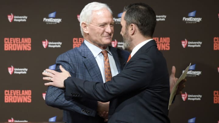 CLEVELAND, OHIO - JANUARY 14: Team owner Jimmy Haslam shakes hands with Kevin Stefanski after introducing Stefanski as the Cleveland Browns new head coach on January 14, 2020 in Cleveland, Ohio. (Photo by Jason Miller/Getty Images)