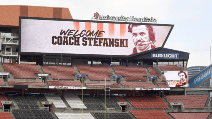 CLEVELAND, OHIO - JANUARY 14: A message for Kevin Stefanski on the scoreboard at FirstEnergy Stadium on the day he is introduced as the Cleveland Browns new head coach on January 14, 2020 in Cleveland, Ohio. (Photo by Jason Miller/Getty Images)