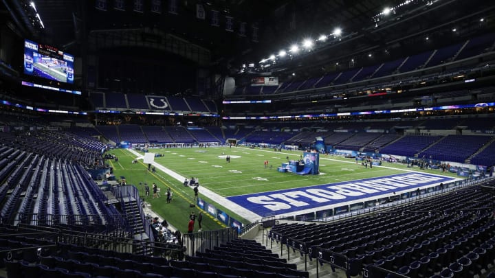 INDIANAPOLIS, IN – FEBRUARY 29: General view of action on the field as seen from the lower level concourse during the NFL Combine at Lucas Oil Stadium on February 29, 2020 in Indianapolis, Indiana. (Photo by Joe Robbins/Getty Images)