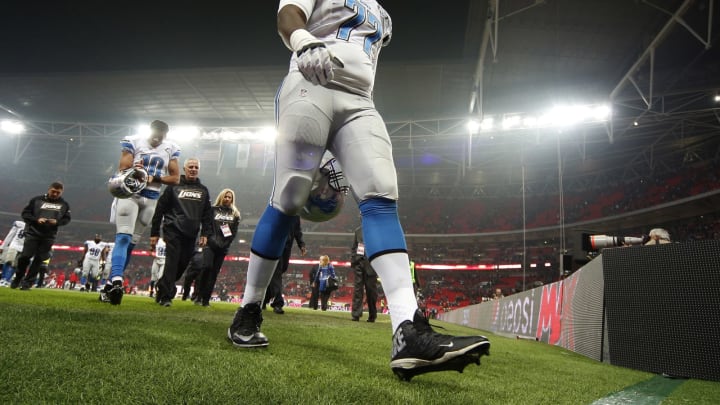 LONDON, ENGLAND – NOVEMBER 01: Cornelius Lucas #77 of Detroit Lions leaves the field of play at the end of the game during the NFL game between Kansas City Chiefs and Detroit Lions at Wembley Stadium on November 01, 2015 in London, England. (Photo by Alan Crowhurst/Getty Images)