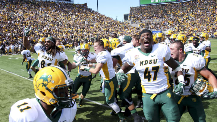 IOWA CITY, IOWA- SEPTEMBER 17: Members of the North Dakota State Bisons celebrate in the middle of the field after the upset over the Iowa Hawkeyes on September 17, 2016 at Kinnick Stadium in Iowa City, Iowa. (Photo by Matthew Holst/Getty Images)