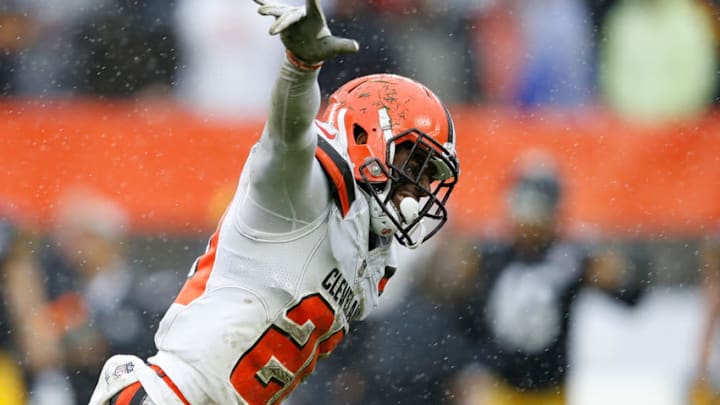CLEVELAND, OH - SEPTEMBER 09: Derrick Kindred #26 of the Cleveland Browns reacts after Chris Boswell #9 of the Pittsburgh Steelers (not pictured) missed a 42 yard field goal in overtime against the Cleveland Browns at FirstEnergy Stadium on September 9, 2018 in Cleveland, Ohio. The game ended in a 21-21tie. (Photo by Joe Robbins/Getty Images)